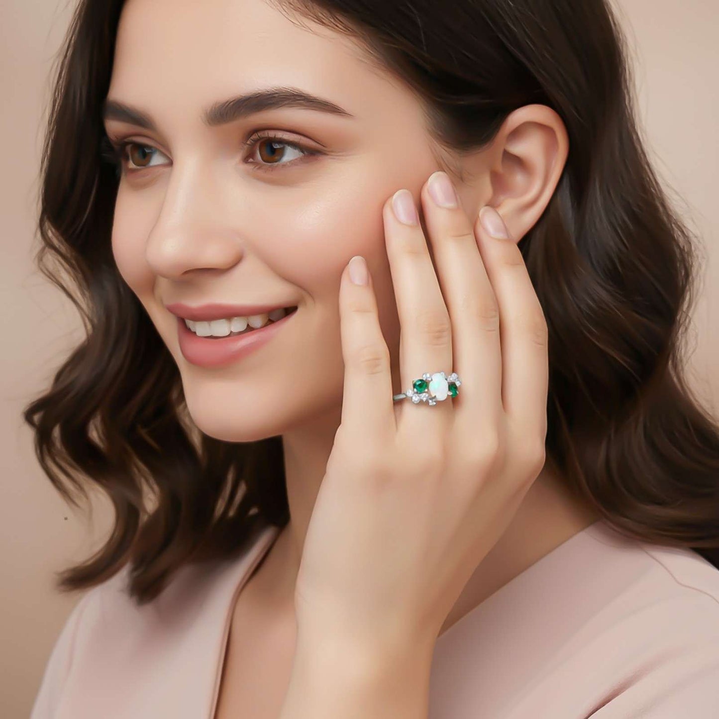 Silver Opal & Emerald Cluster Ring