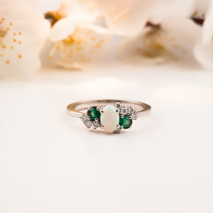 Silver Opal & Emerald Cluster Ring