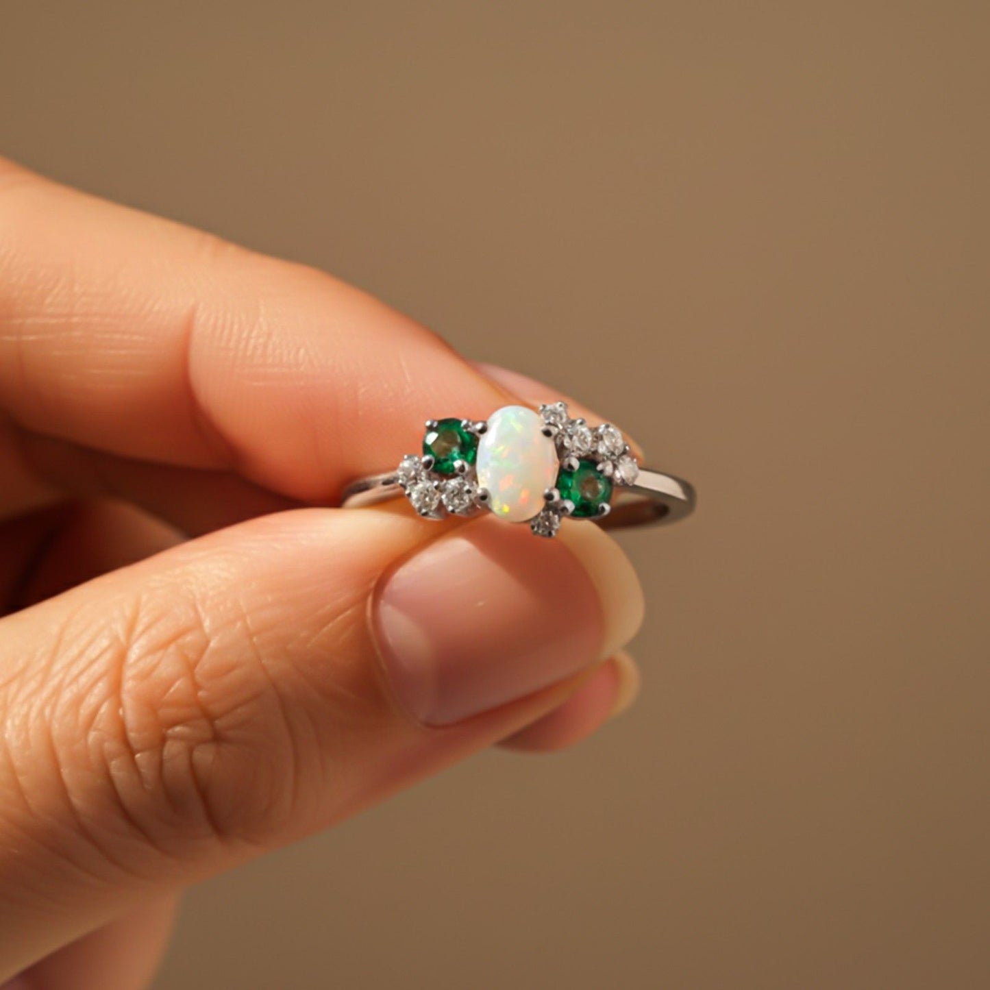 Silver Opal & Emerald Cluster Ring
