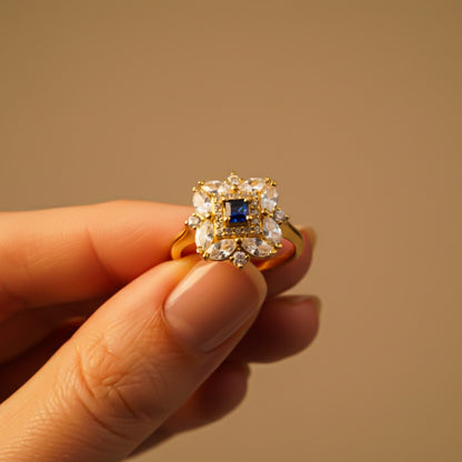 Silver Sapphire Floral Cluster Ring