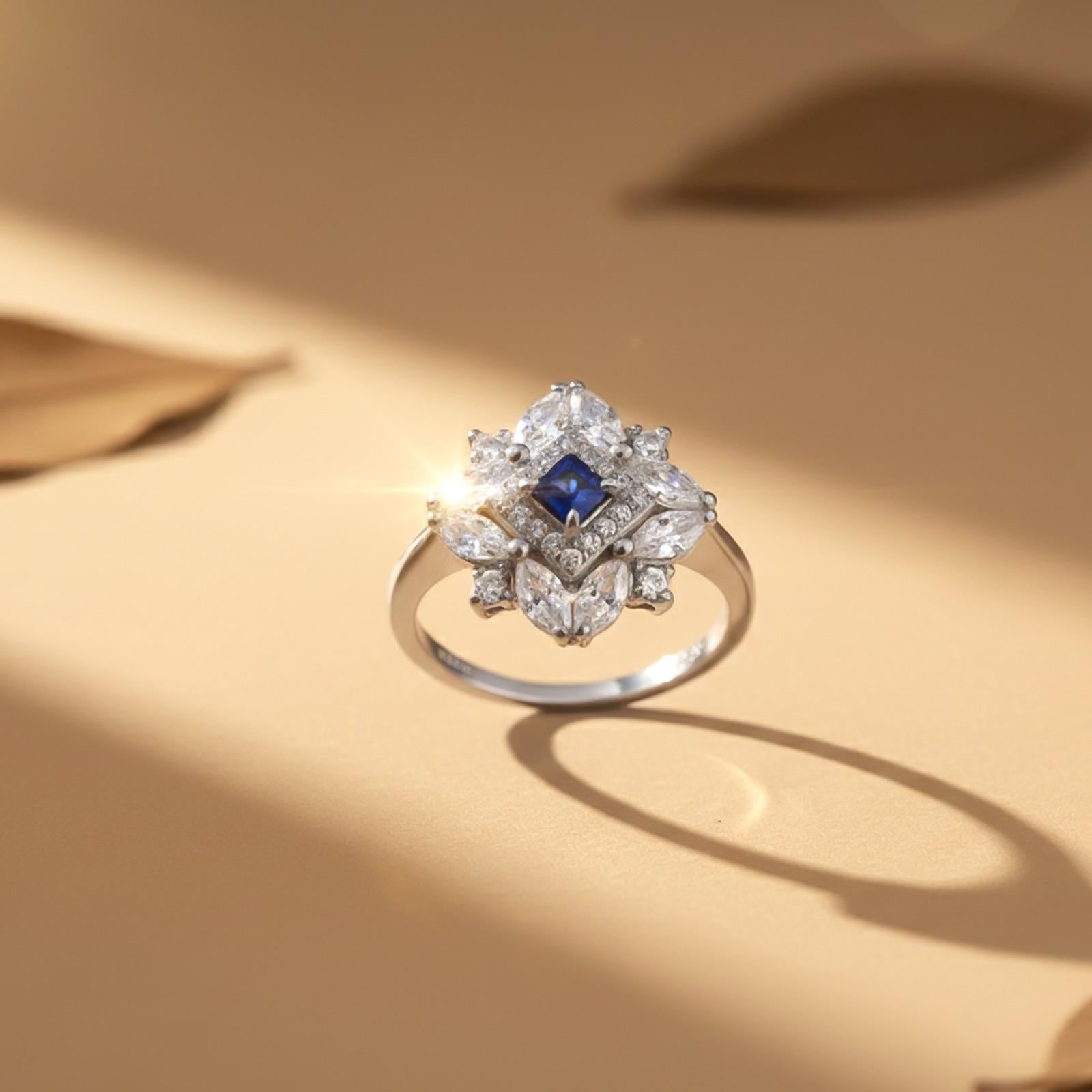 Silver Sapphire Floral Cluster Ring