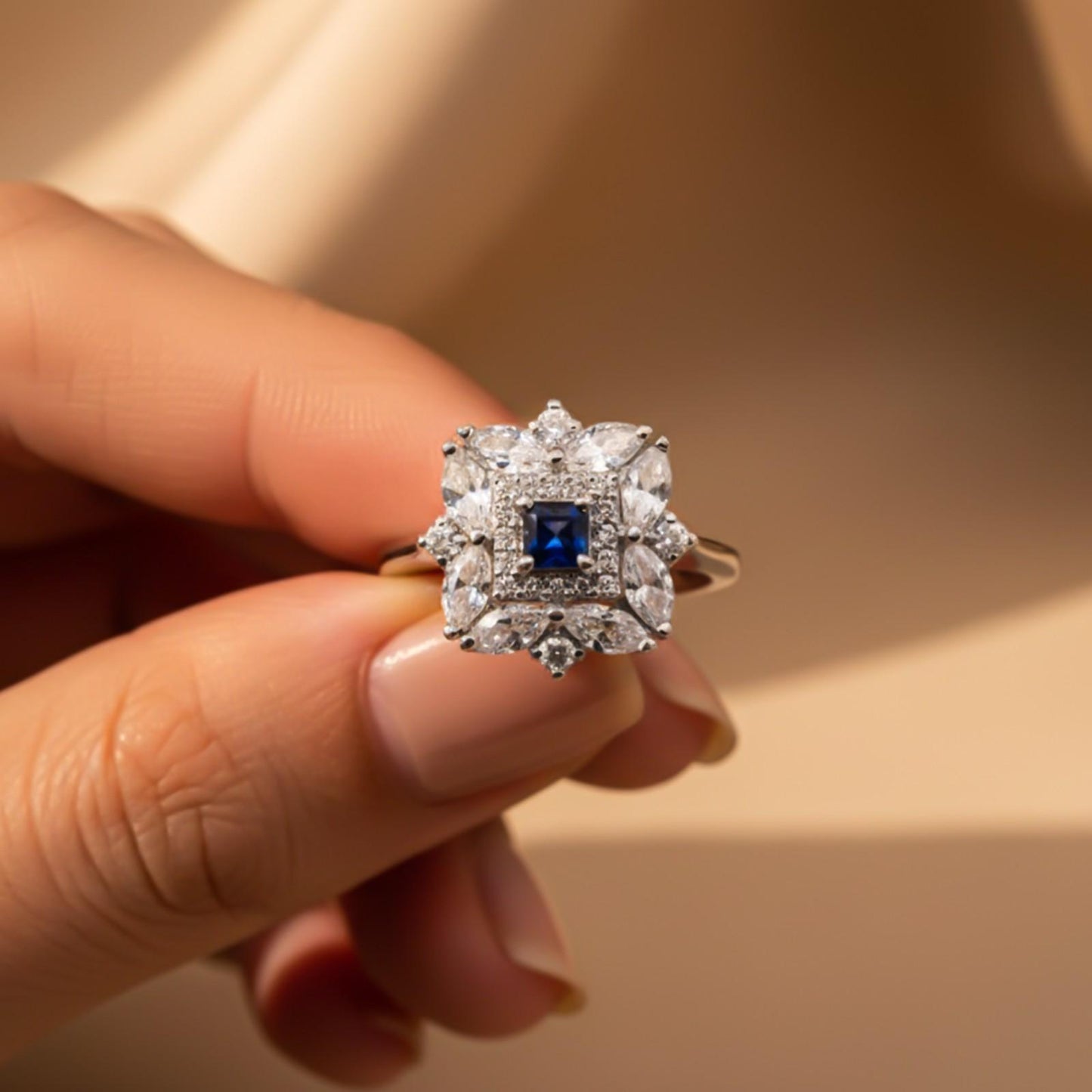 Silver Sapphire Floral Cluster Ring