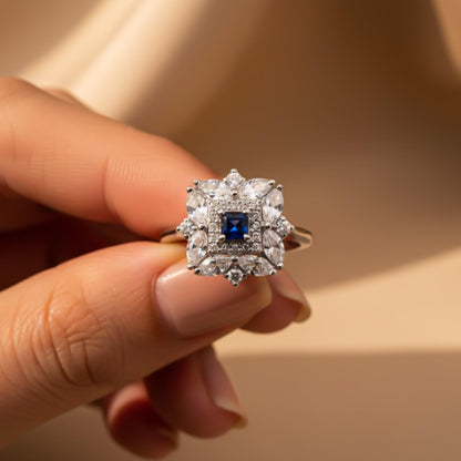 Silver Sapphire Floral Cluster Ring