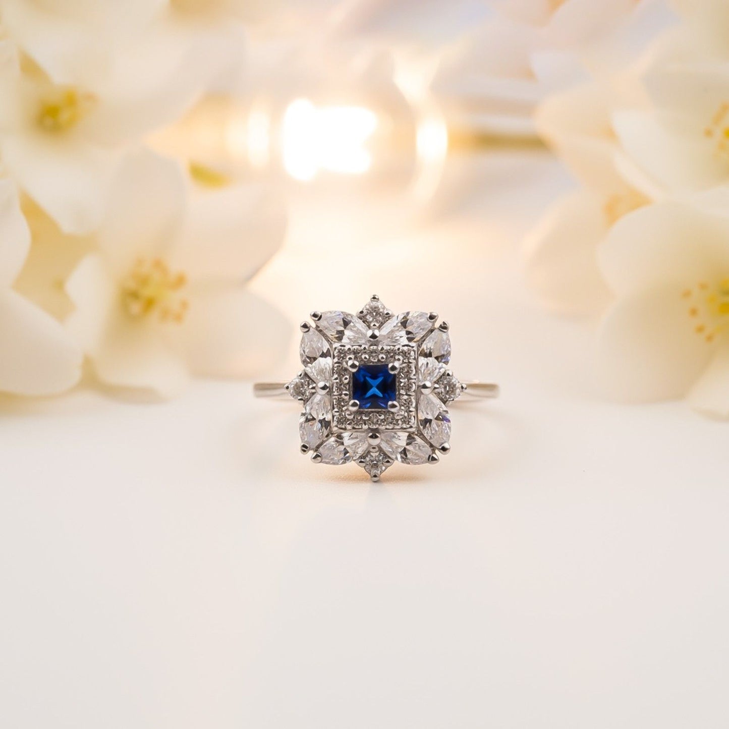 Silver Sapphire Floral Cluster Ring