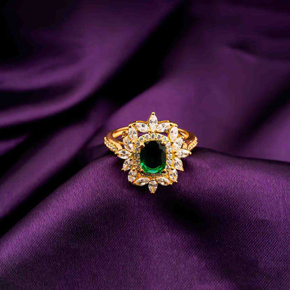 Silver Green Emerald Floral Halo Ring