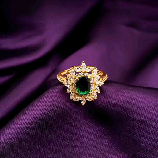 Silver Green Emerald Floral Halo Ring