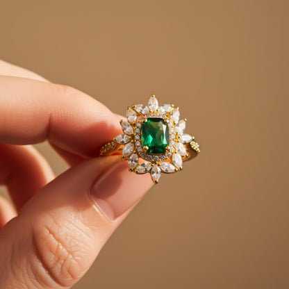 Silver Green Emerald Floral Halo Ring