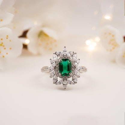 Silver Green Emerald Floral Halo Ring