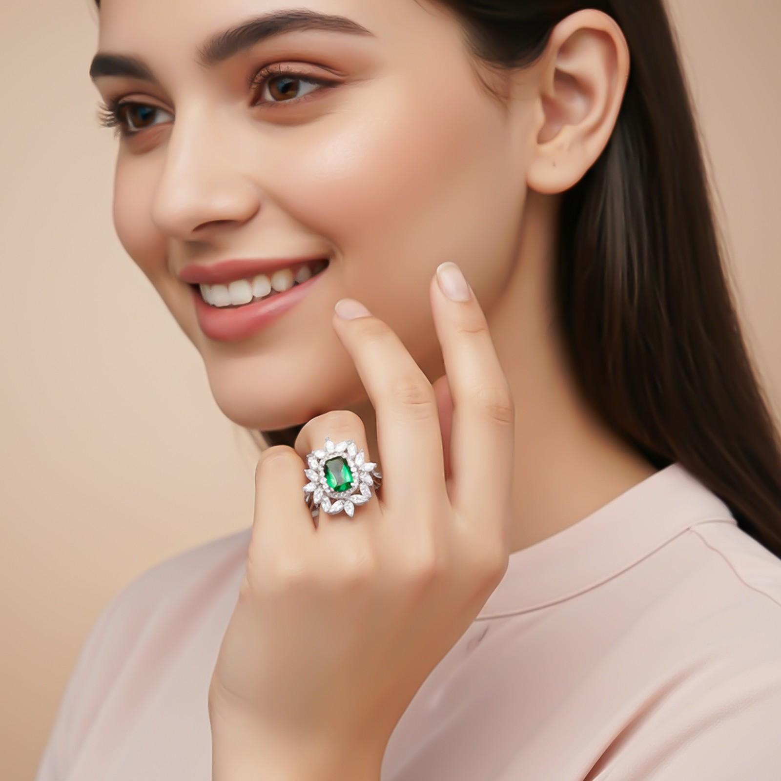 Silver Green Emerald Floral Halo Ring
