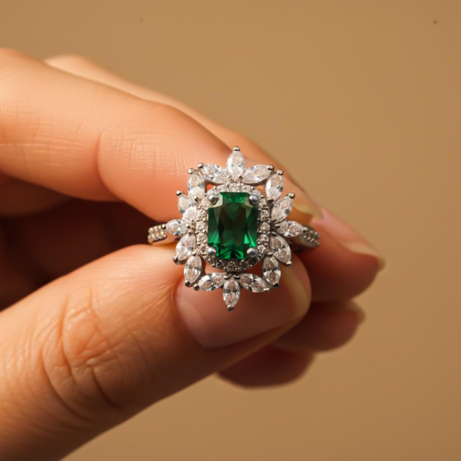 Silver Green Emerald Floral Halo Ring