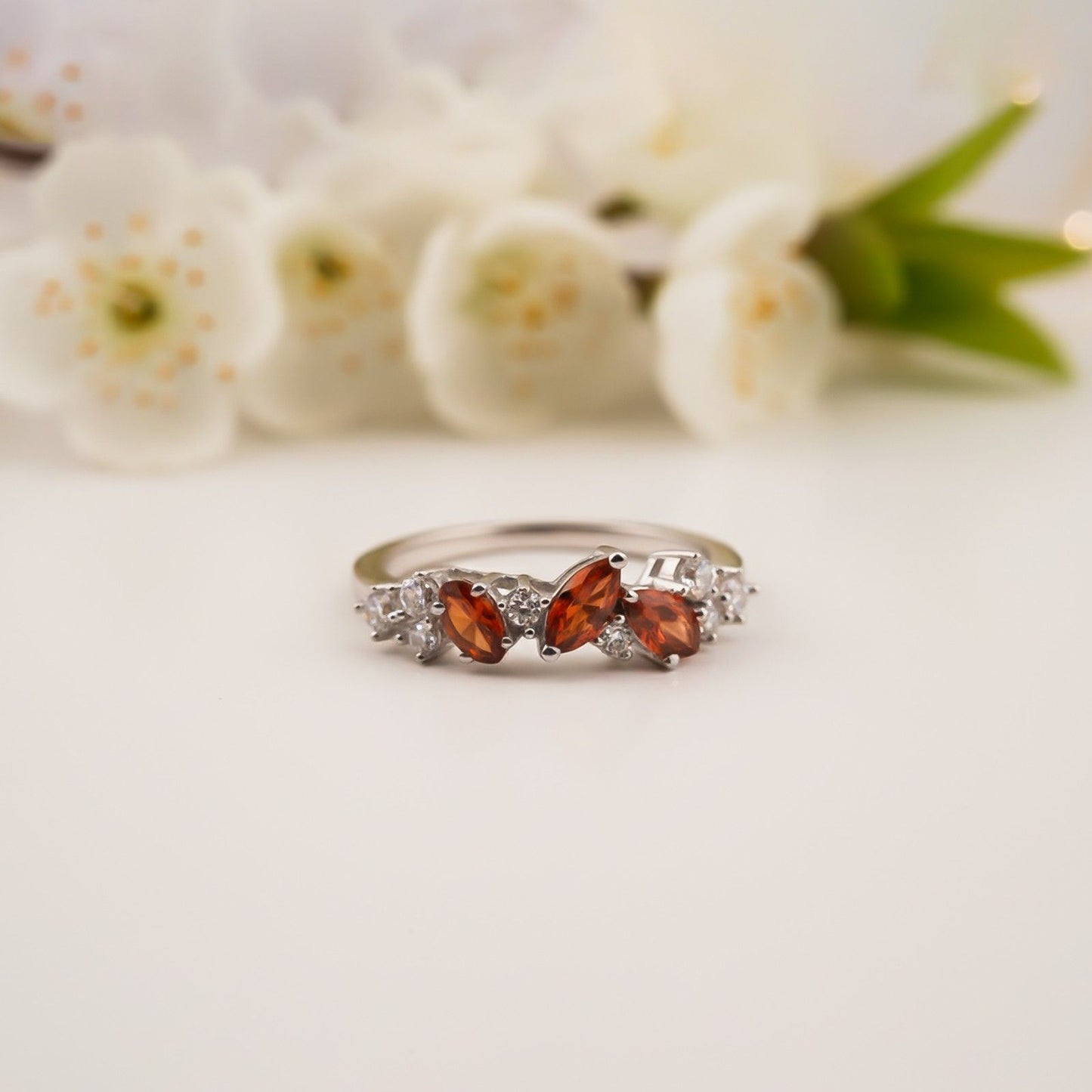 Silver Marquise Red Ruby Crown Ring
