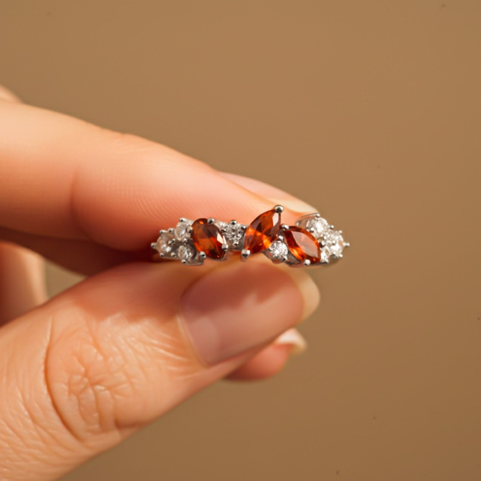 Silver Marquise Red Ruby Crown Ring