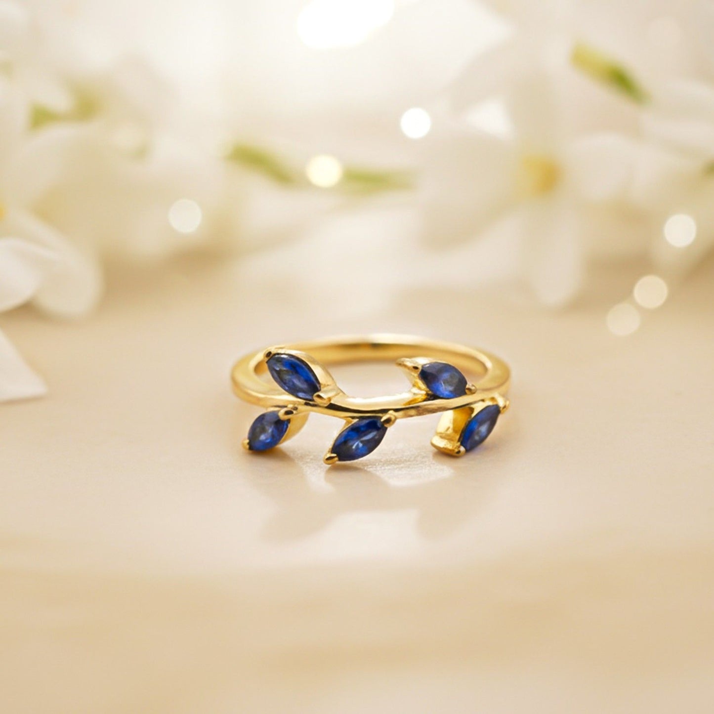 Silver Marquise Blue Sapphire Leaf Ring