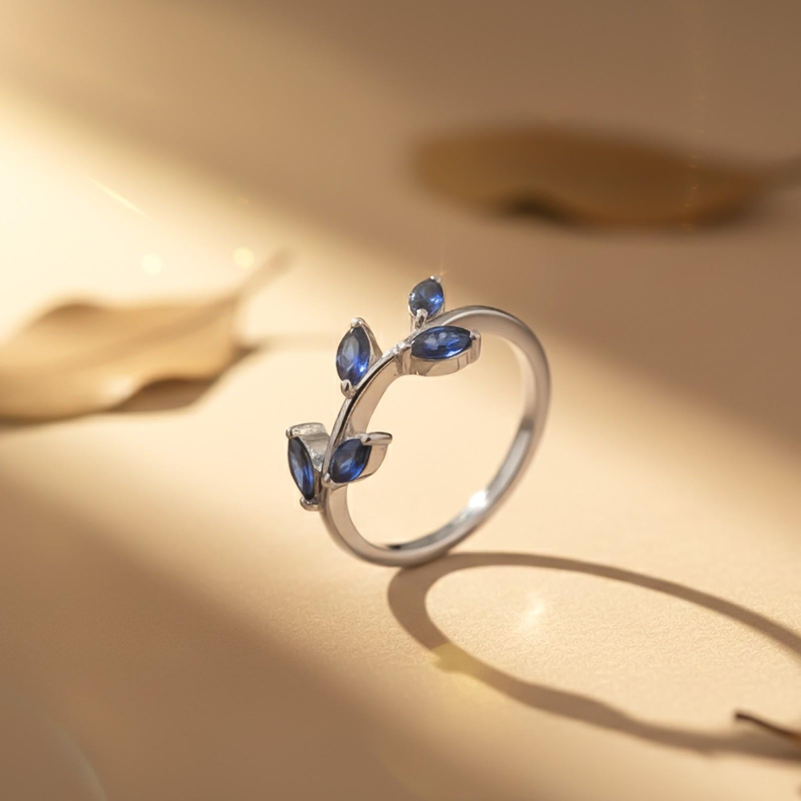 Silver Marquise Blue Sapphire Leaf Ring