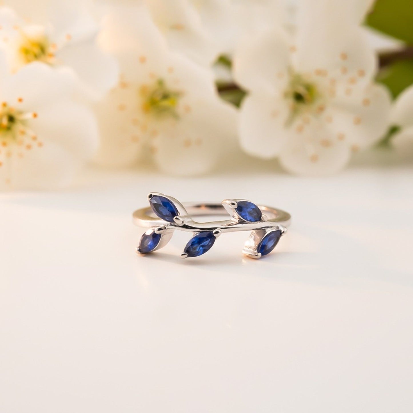 Silver Marquise Blue Sapphire Leaf Ring