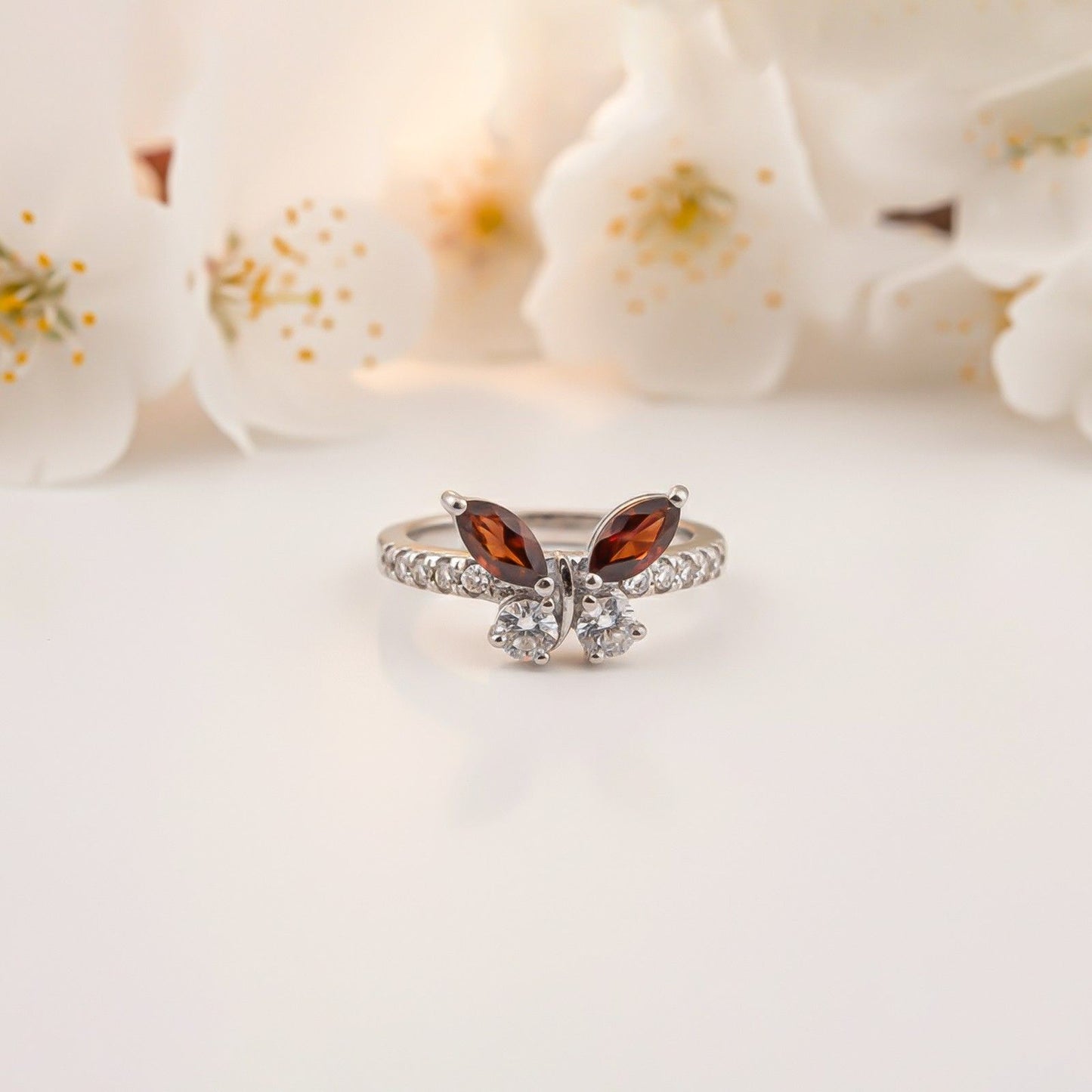 Silver Ruby Butterfly Ring for Women