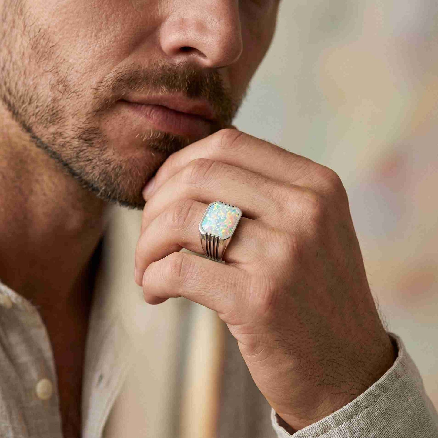 Silver Vintage Opal Signet Ring for Men