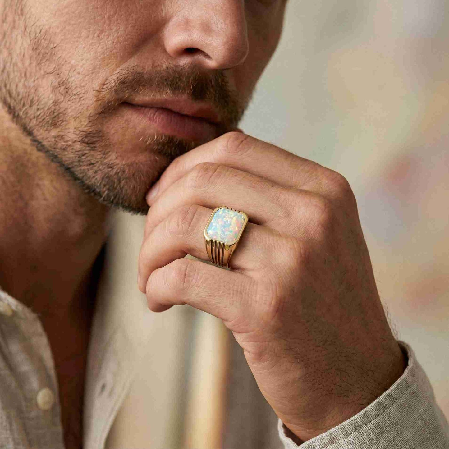 Silver Vintage Opal Signet Ring for Men