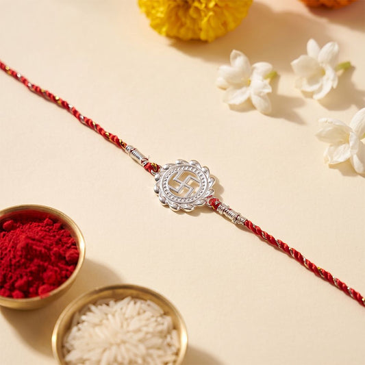 Silver Classic Swastik Rakhi For Brother