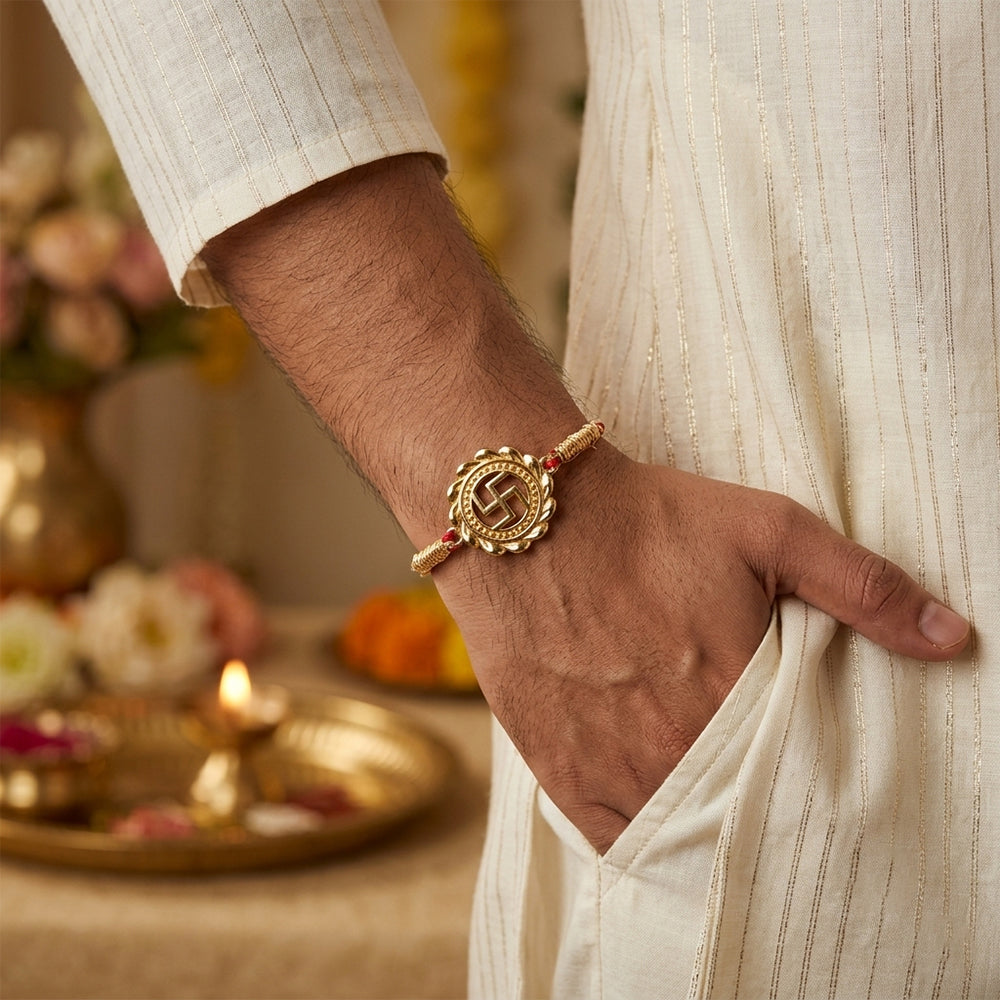 Golden Classic Swastik Rakhi For Brother