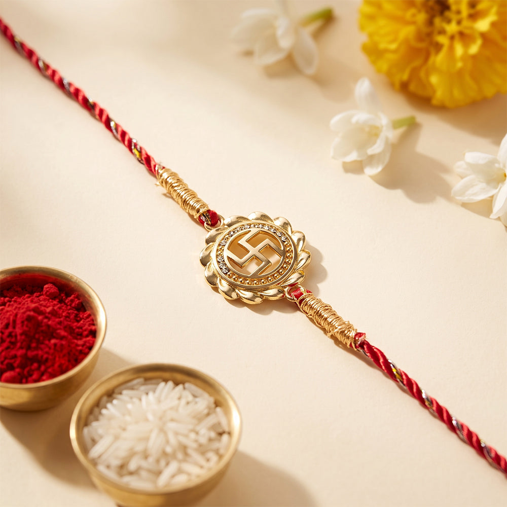 Golden Classic Swastik Rakhi For Brother