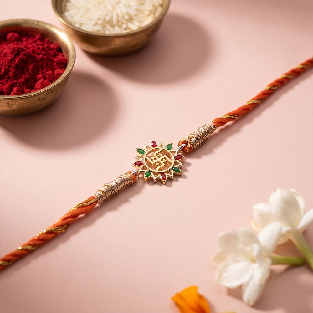 Golden Swastik Enamel Rakhi For Kids