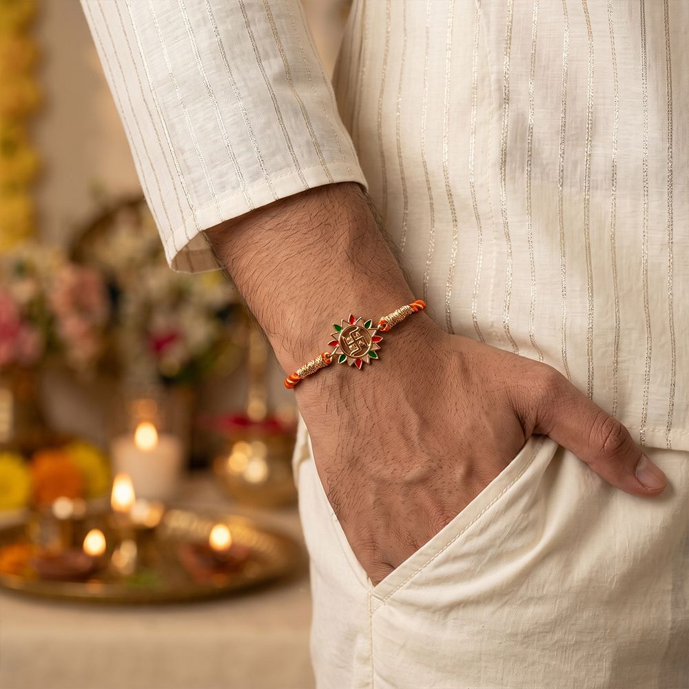 Golden Swastik Enamel Rakhi For Kids