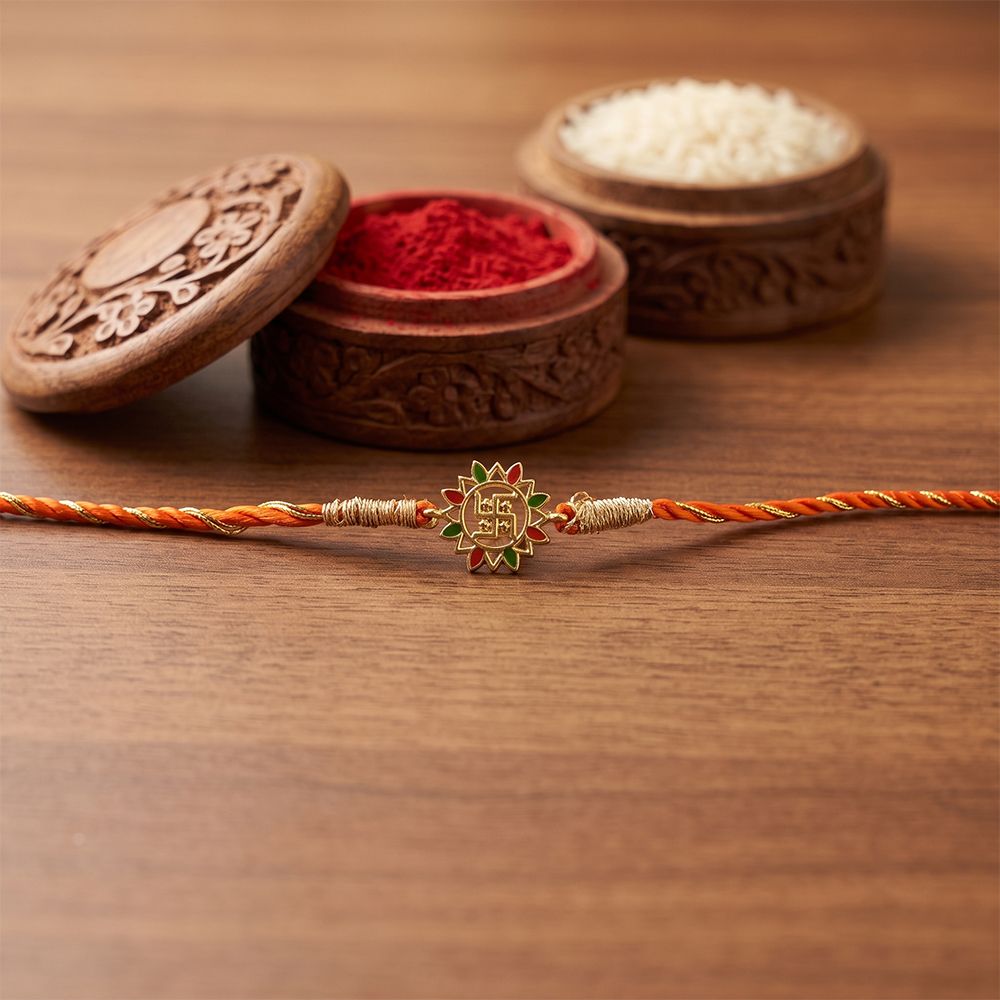 Golden Swastik Enamel Rakhi For Kids
