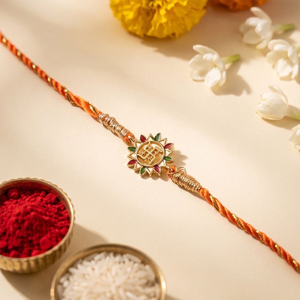 Golden Swastik Enamel Rakhi For Kids