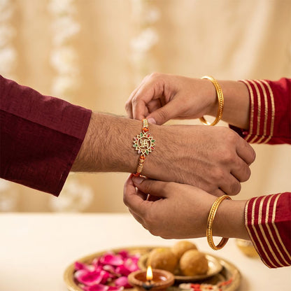 Golden Swastik Enamel Rakhi For Kids