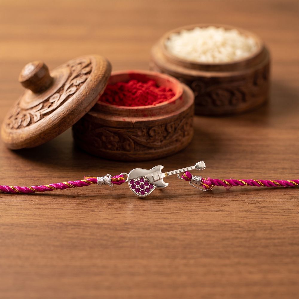 Silver Guitar Ruby Rakhi For Kids