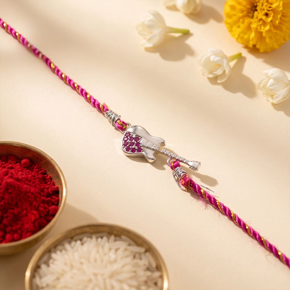 Silver Guitar Ruby Rakhi For Kids