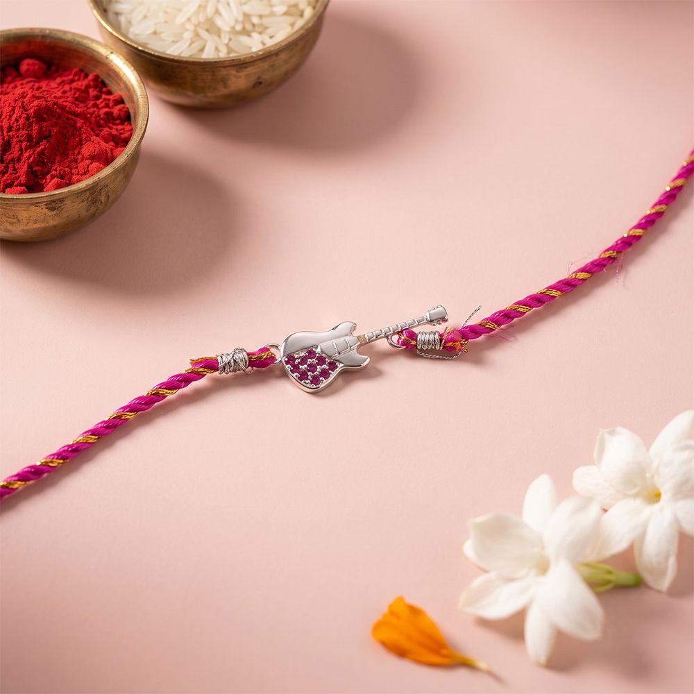 Silver Guitar Ruby Rakhi For Kids