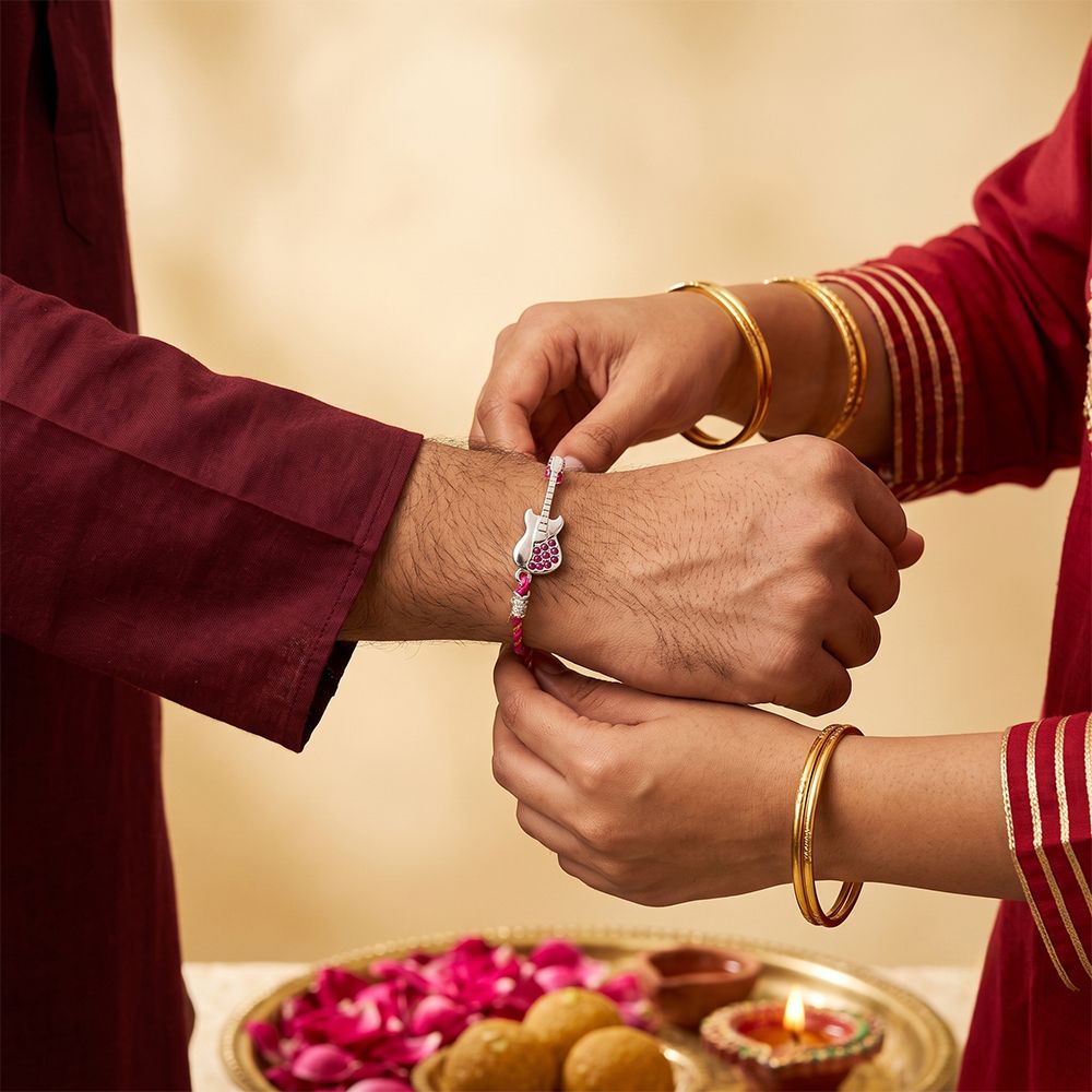 Silver Guitar Ruby Rakhi For Kids
