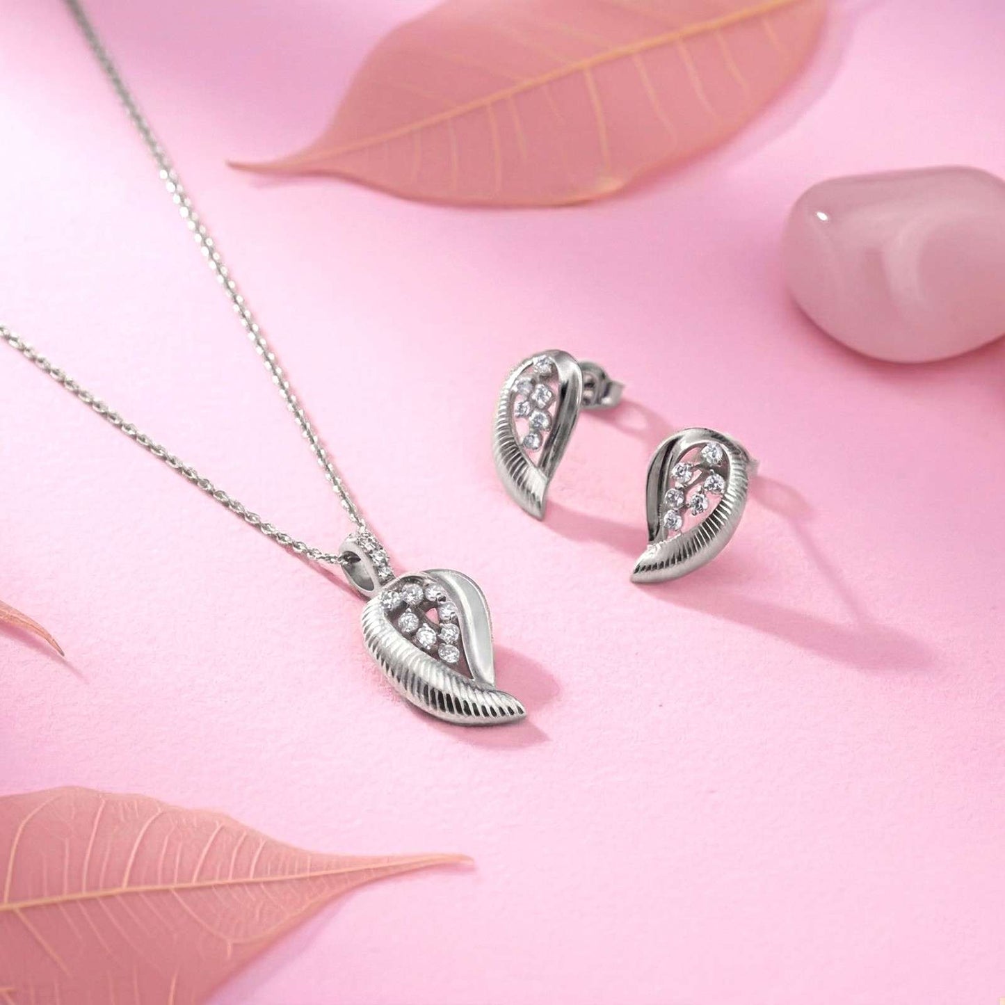 Silver Leaf Sparkle Pendant & Earrings Set