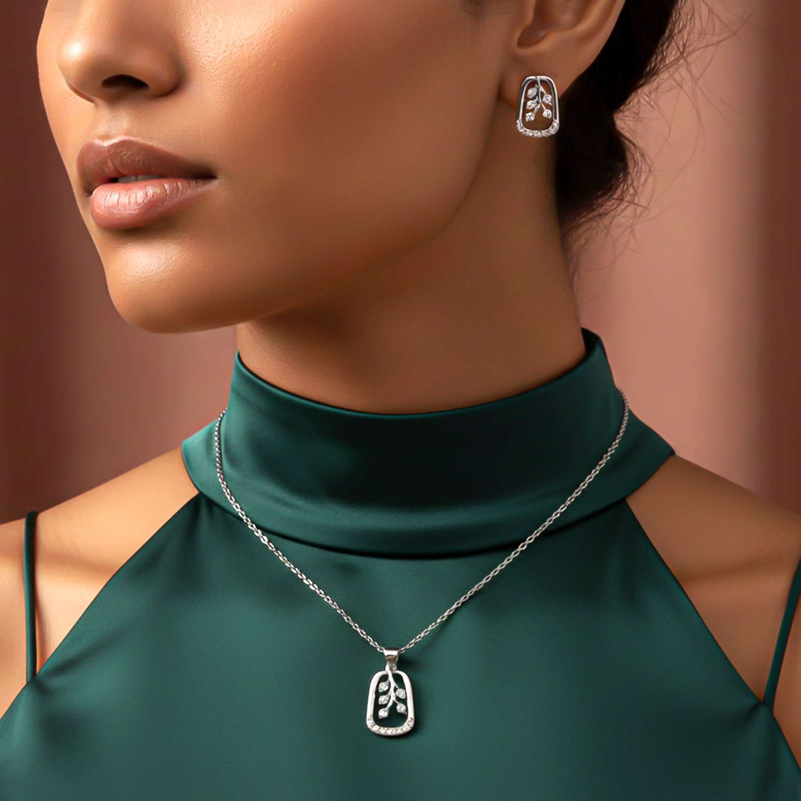 Silver Leaf Drop Pendant & Earrings Set