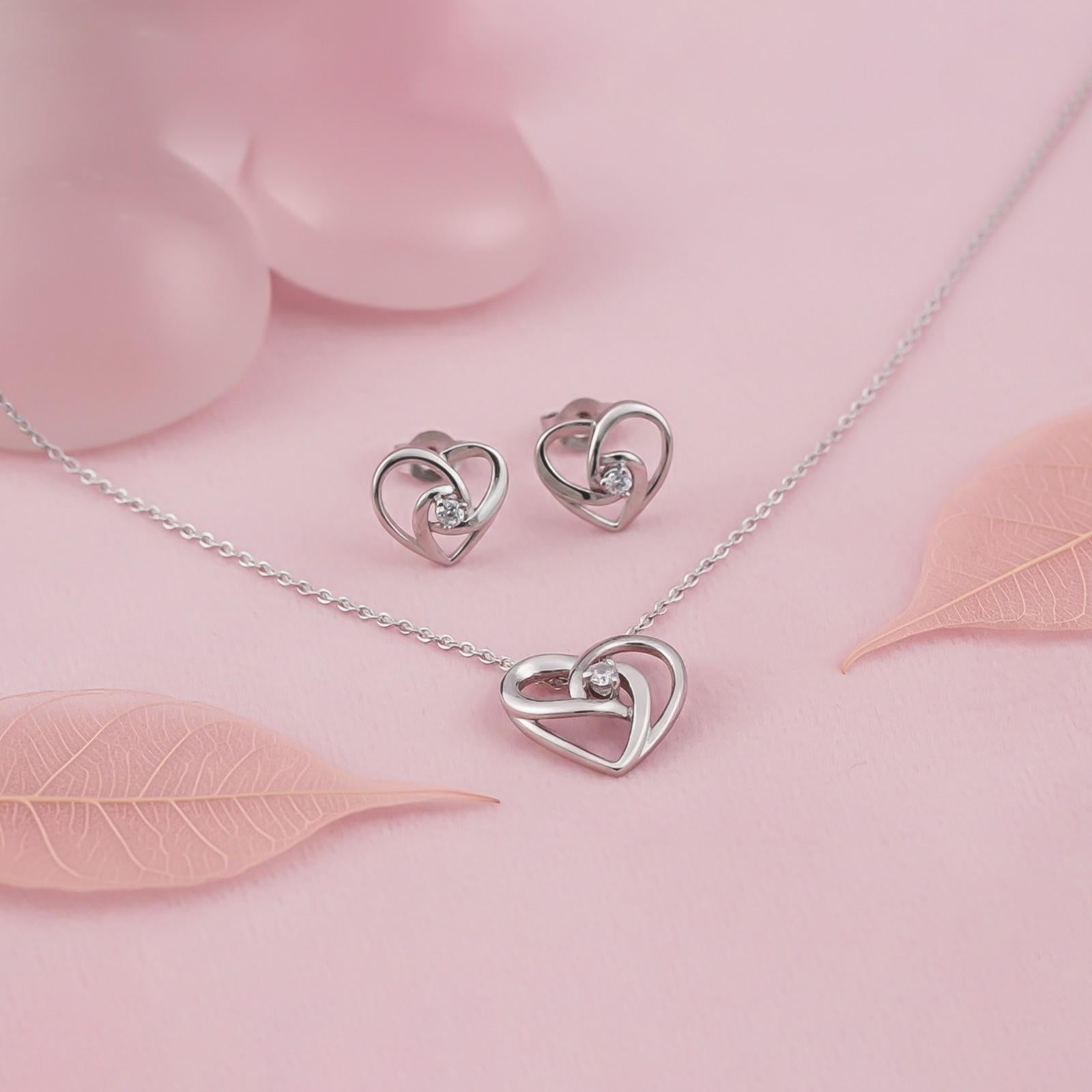 Silver Double Heart Twist Pendant & Earrings Set