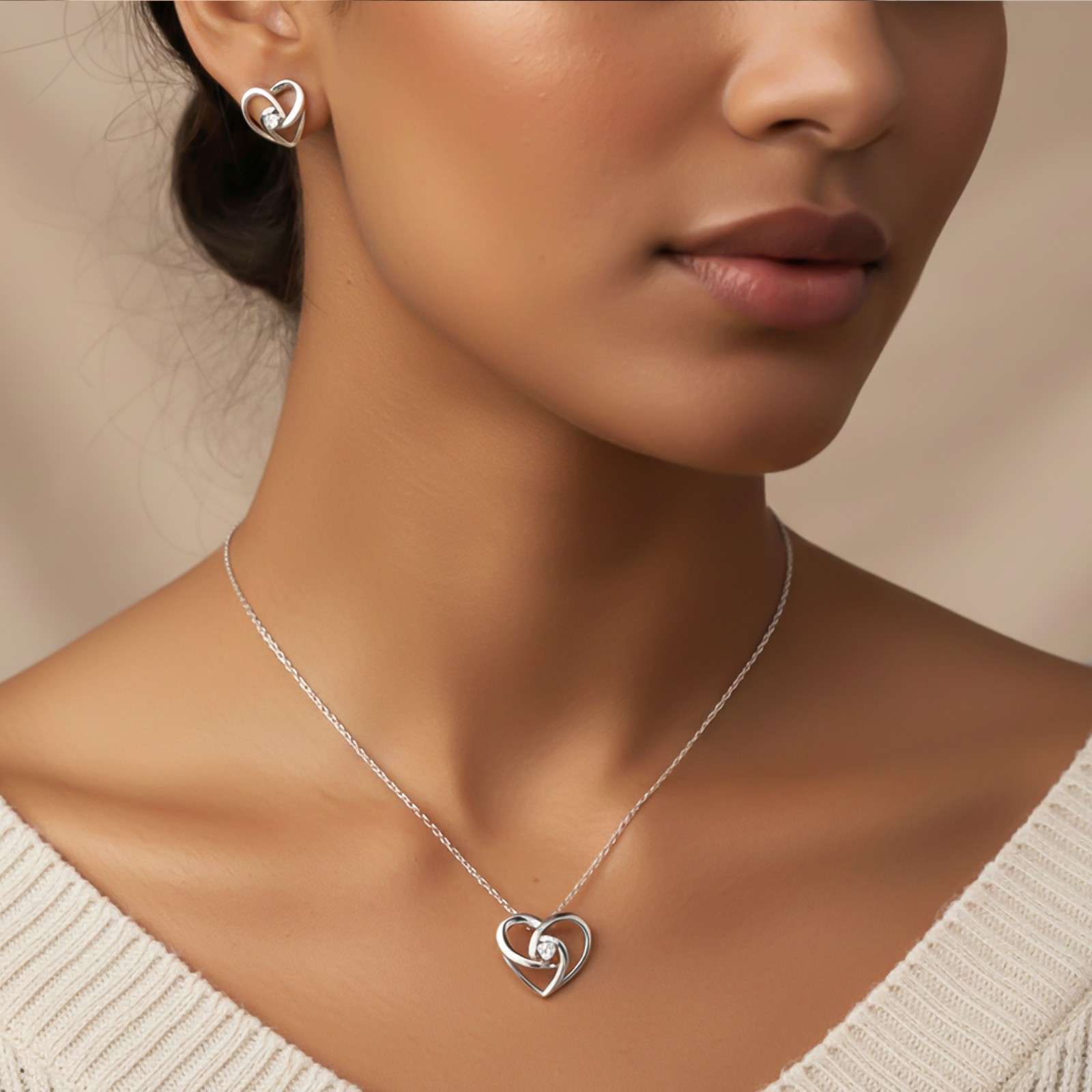 Silver Double Heart Twist Pendant & Earrings Set