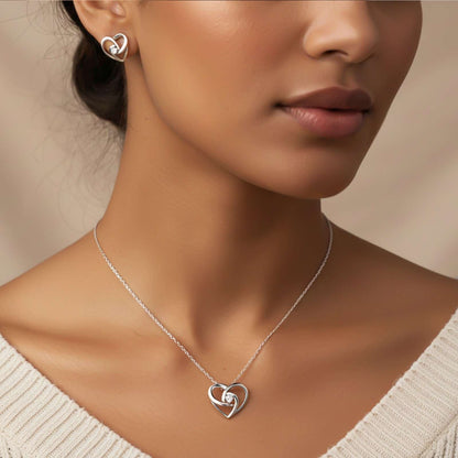 Silver Double Heart Twist Pendant & Earrings Set