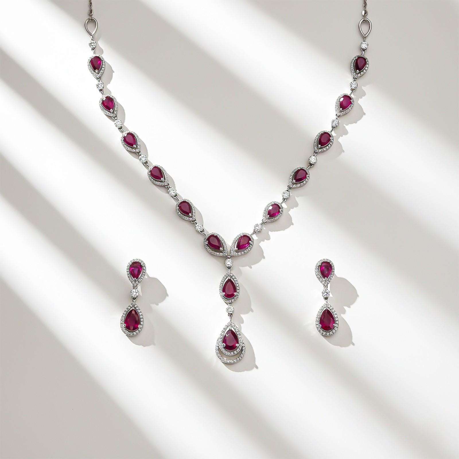 Silver Teardrop Ruby Elegance Necklace & Earrings Set