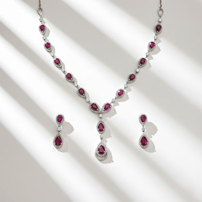 Silver Teardrop Ruby Elegance Necklace & Earrings Set