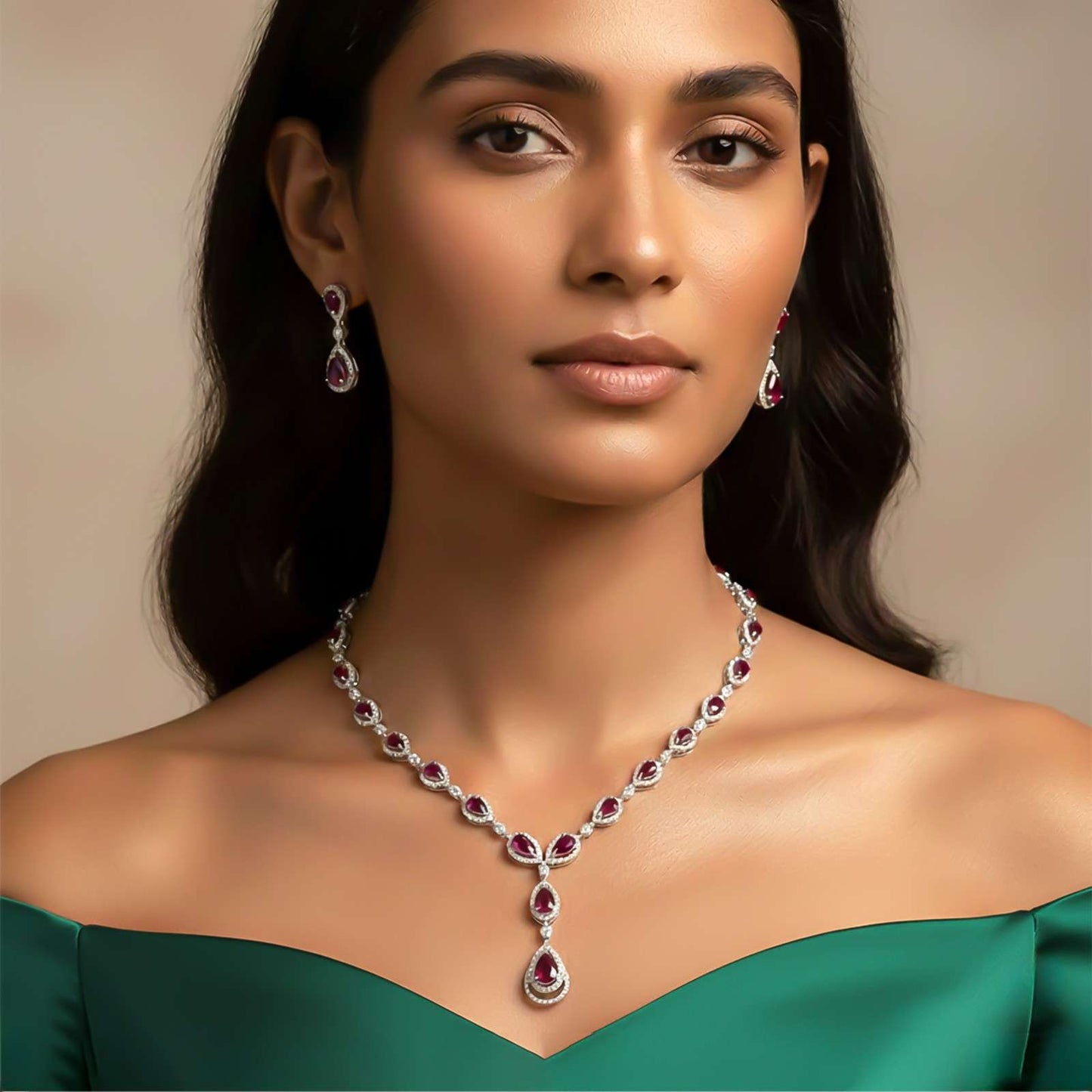 Silver Teardrop Ruby Elegance Necklace & Earrings Set