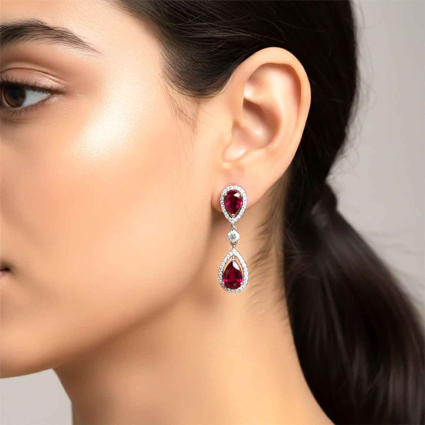 Silver Teardrop Ruby Elegance Necklace & Earrings Set