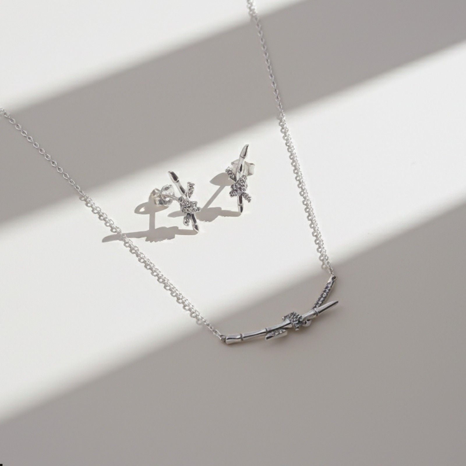 Silver Bamboo Knot Pendant & Earrings Set