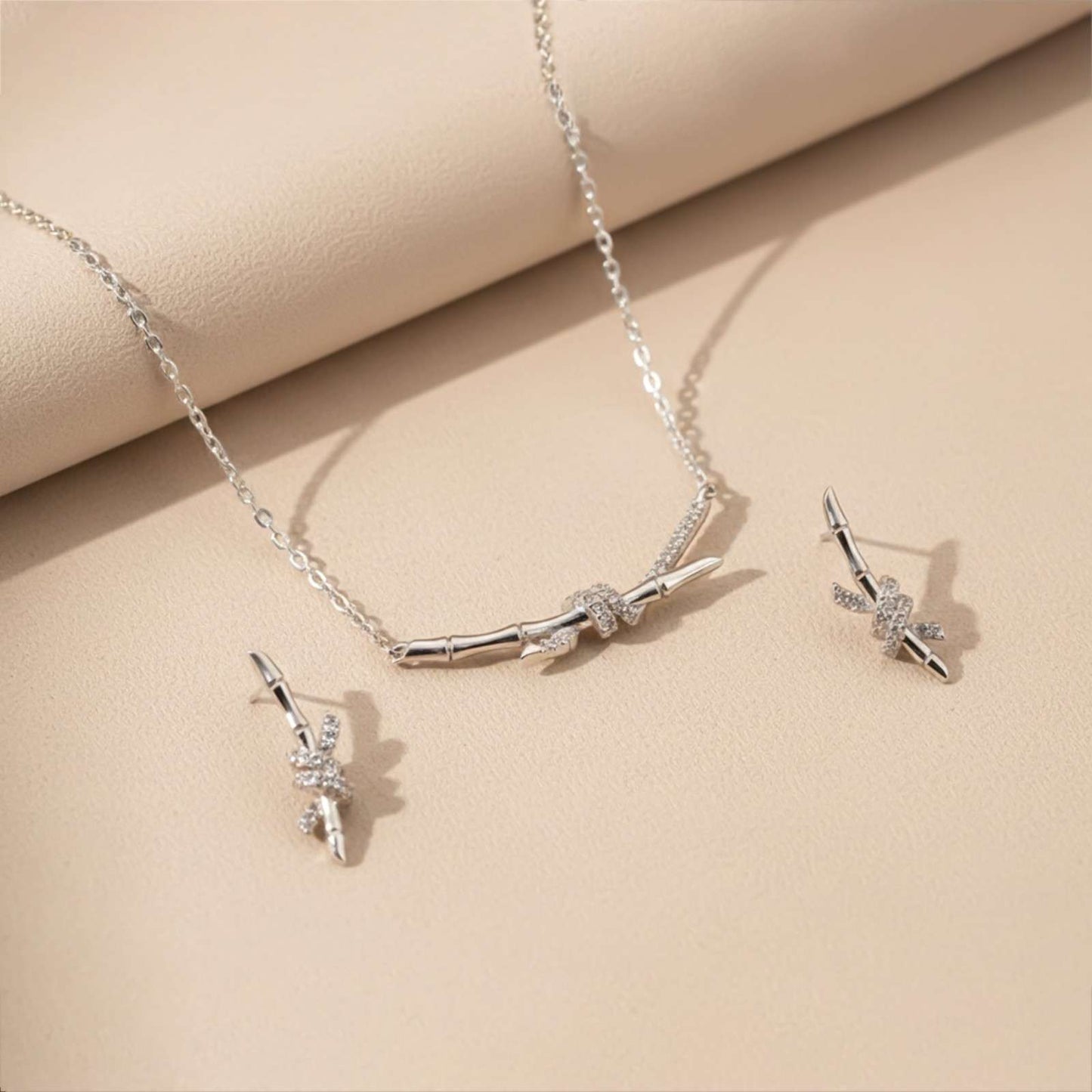 Silver Bamboo Knot Pendant & Earrings Set