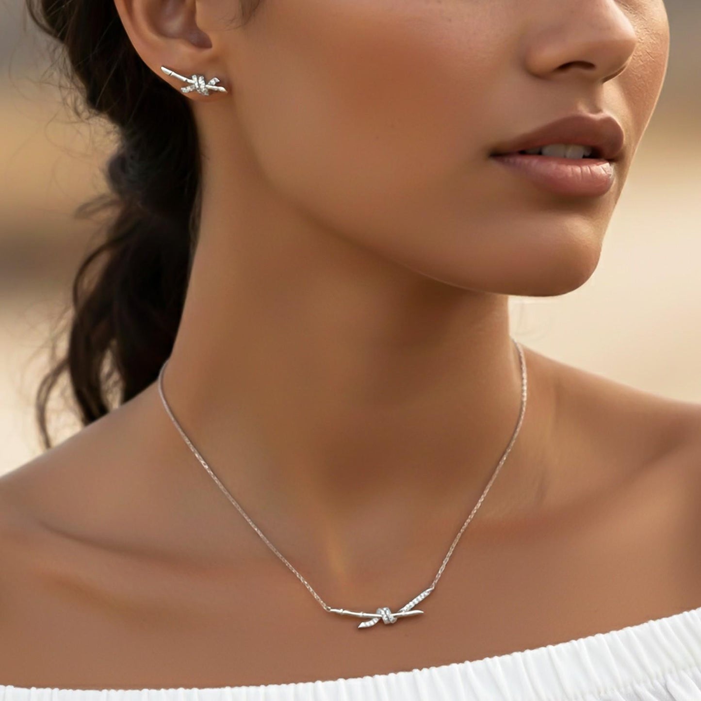 Silver Bamboo Knot Pendant & Earrings Set