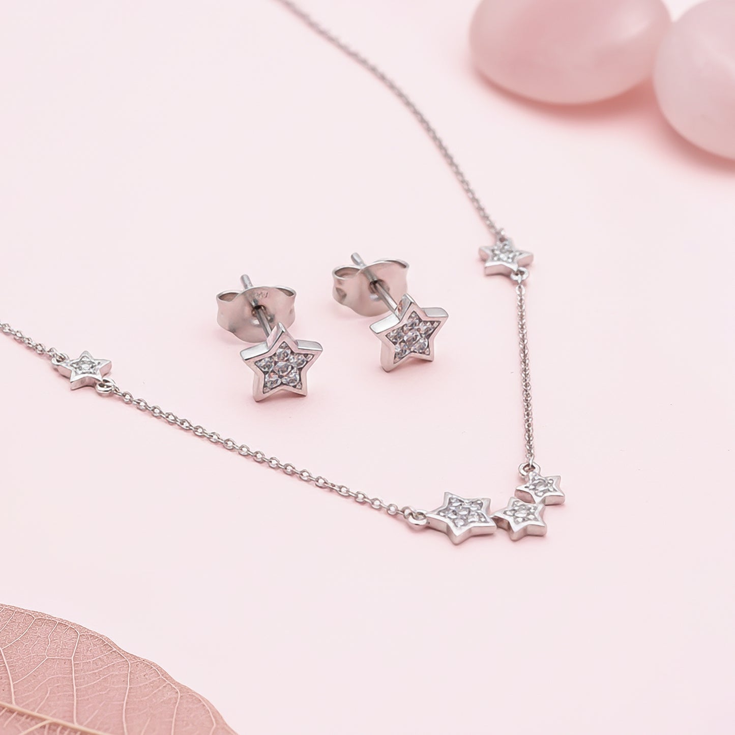 Silver Star Charm Necklace & Earrings Set