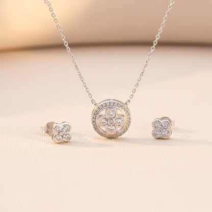 Silver Floral Halo Sparkle Necklace & Earrings Set