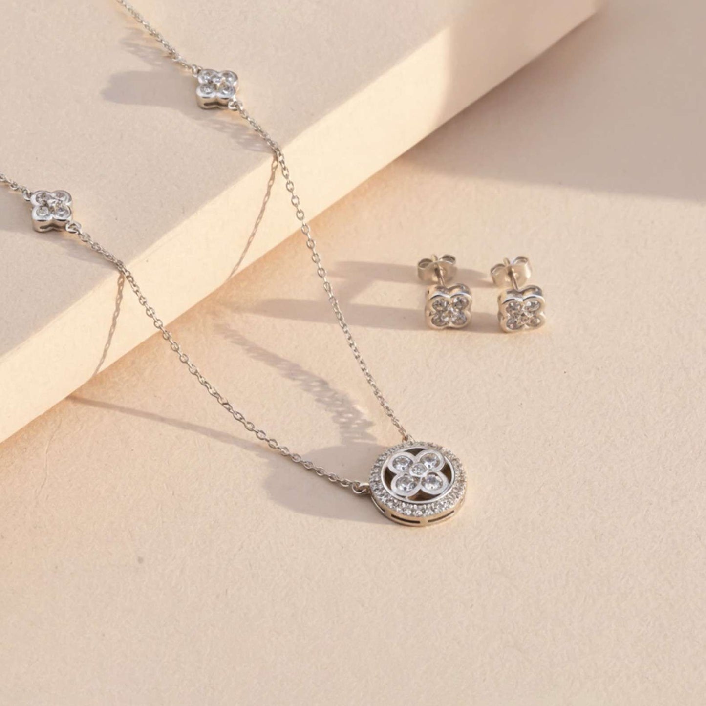 Silver Floral Halo Sparkle Necklace & Earrings Set