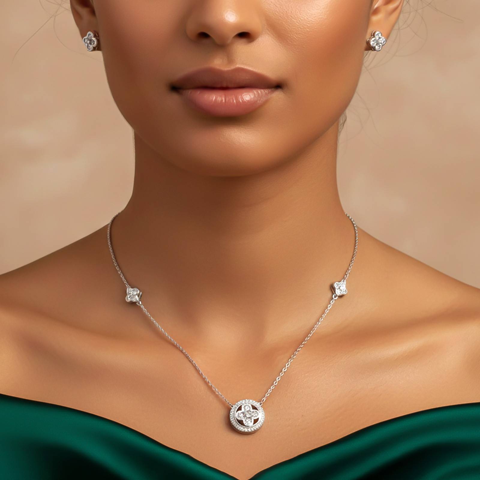 Silver Floral Halo Sparkle Necklace & Earrings Set